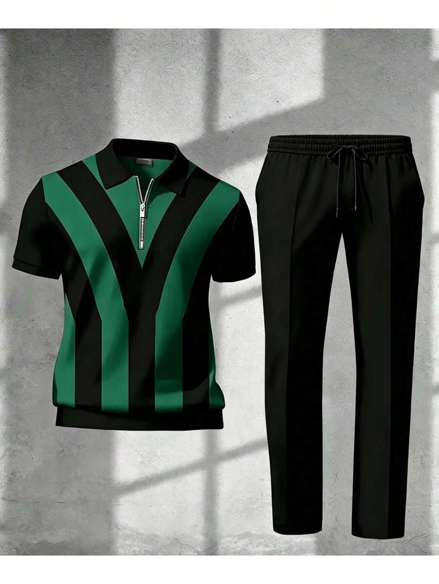 Streetwear Zipper - Heren gestreept shirt en broek co-ord