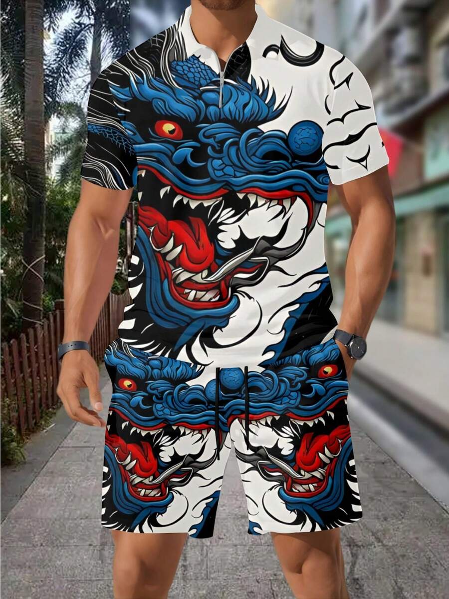 Streetwear Zipper - Heren 3D drakenprint rits polo shirt