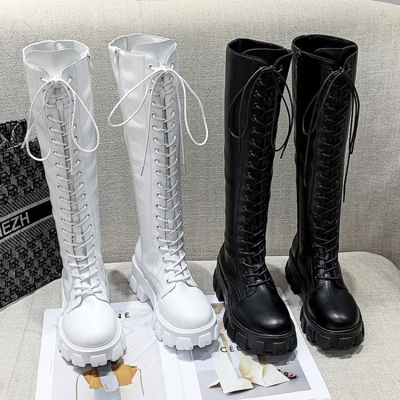 Streetwear Zipper - Dames kniehoge laarzen met veters, combat