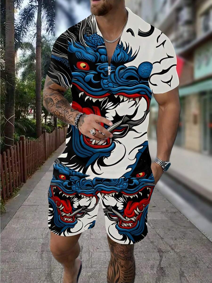 Heren 3D drakenprint rits polo - Streetwear Zipper recensie en prijs